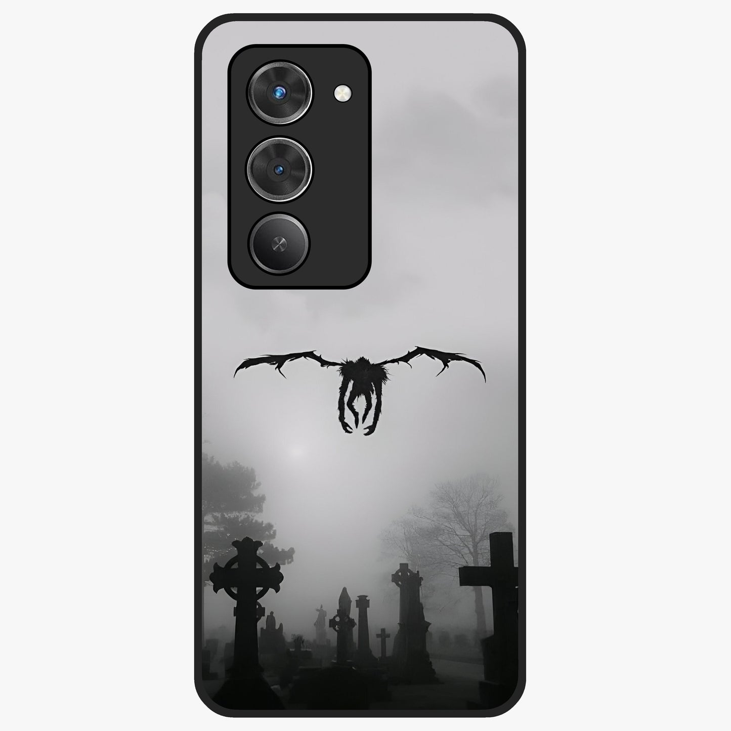 Graveyard Shadow Descent Glass Case showing flat back view with dark graveyard themed artwork and glossy glass finish.