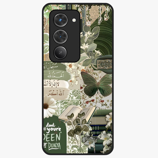 Green Islamic Books Quotes Glass Case showing flat back view with Islamic quotes and book themed artwork and glossy glass finish.