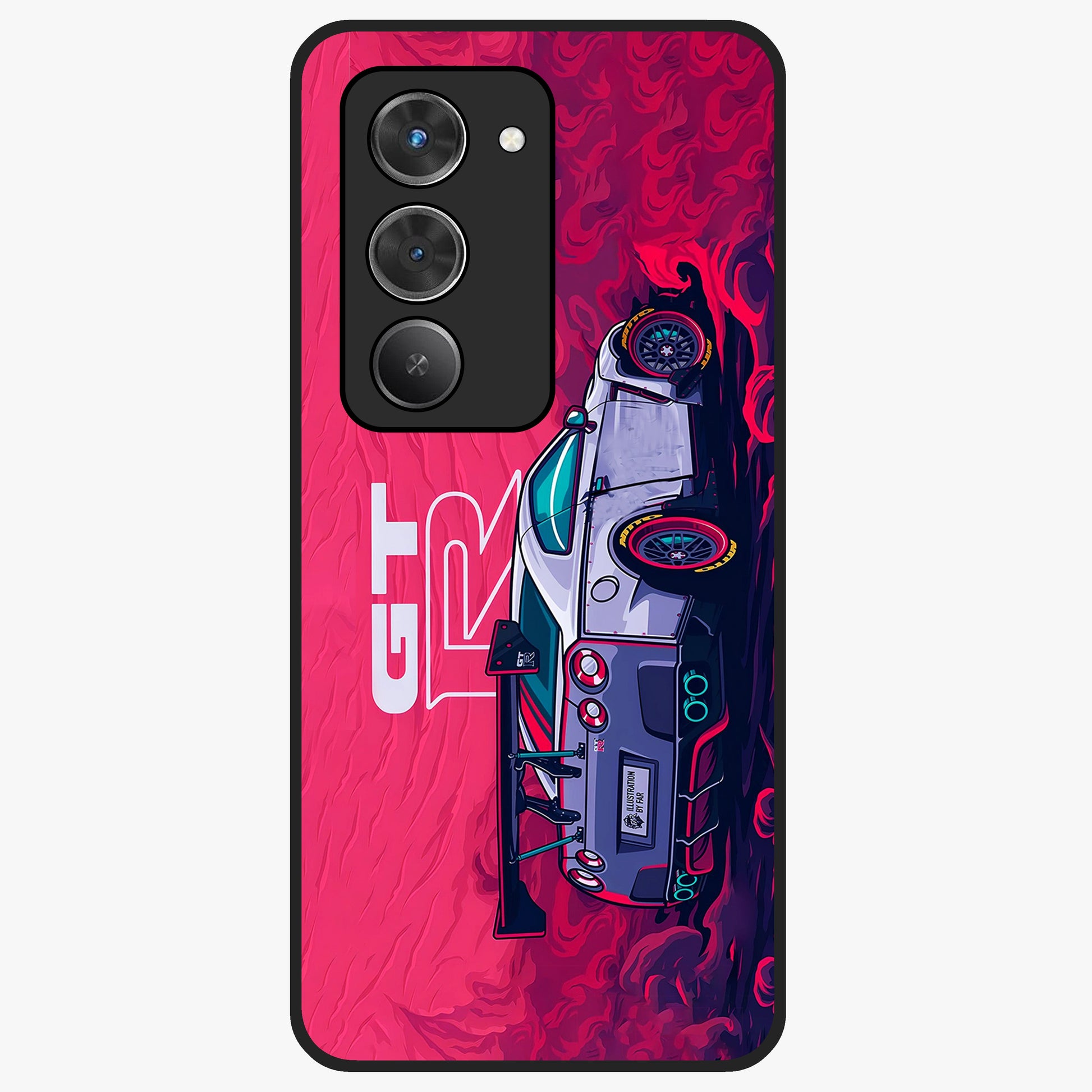 GT-R Car Pattern Glass Case showing flat back view with sporty car inspired pattern artwork and glossy glass finish.