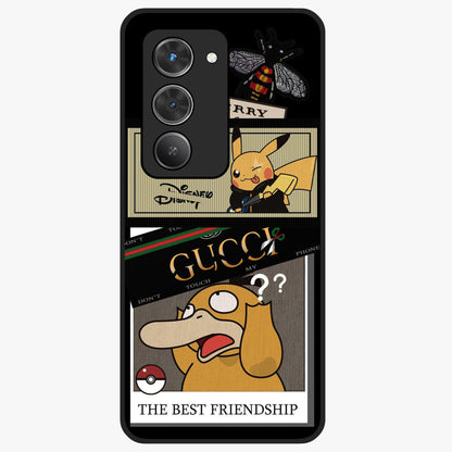 Gucci Play Mashup Glass Case showing flat back view with luxury inspired graphic artwork and glossy glass finish.