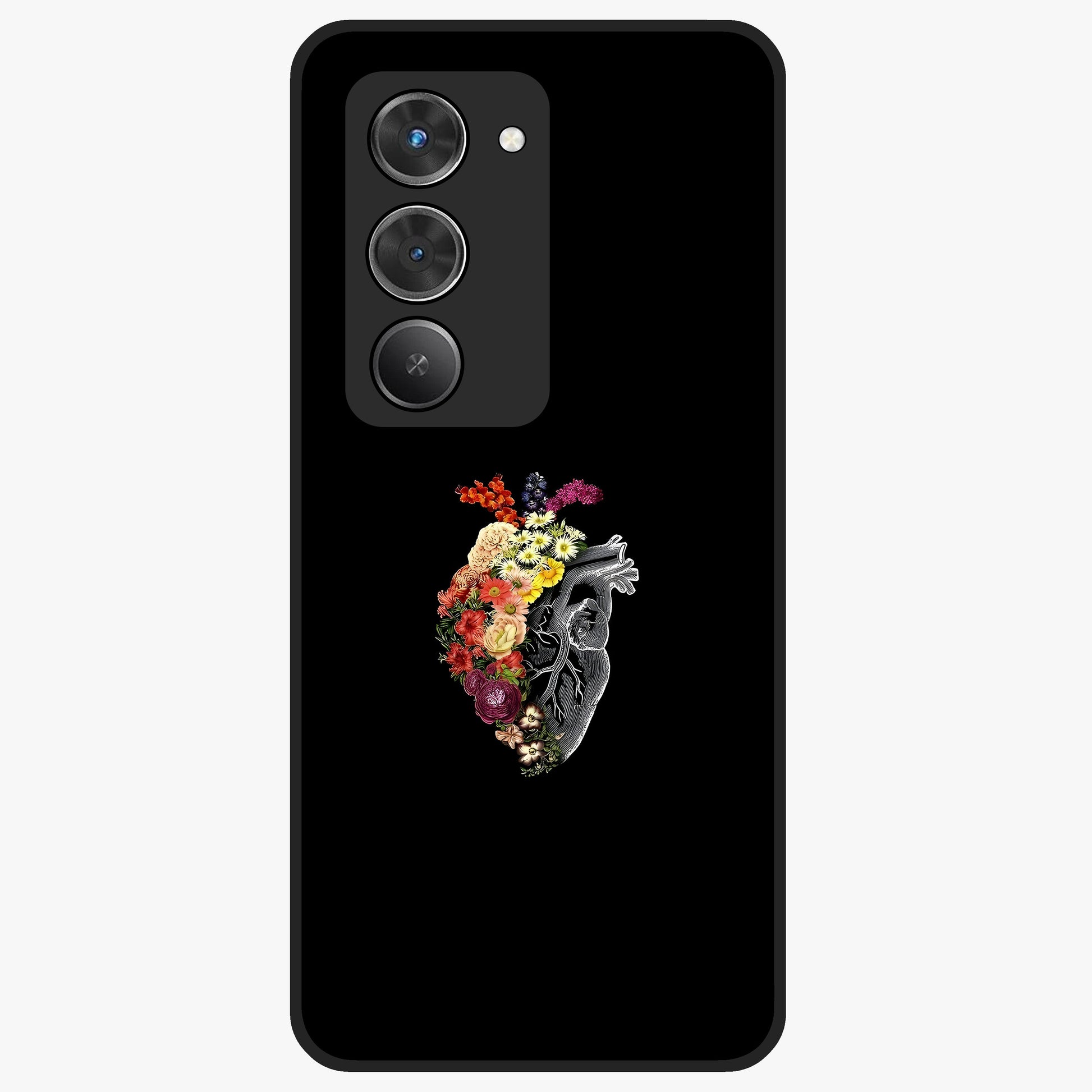 Heart With Flowers Glass Case showing flat back view with heart shaped floral artwork and glossy glass finish.
