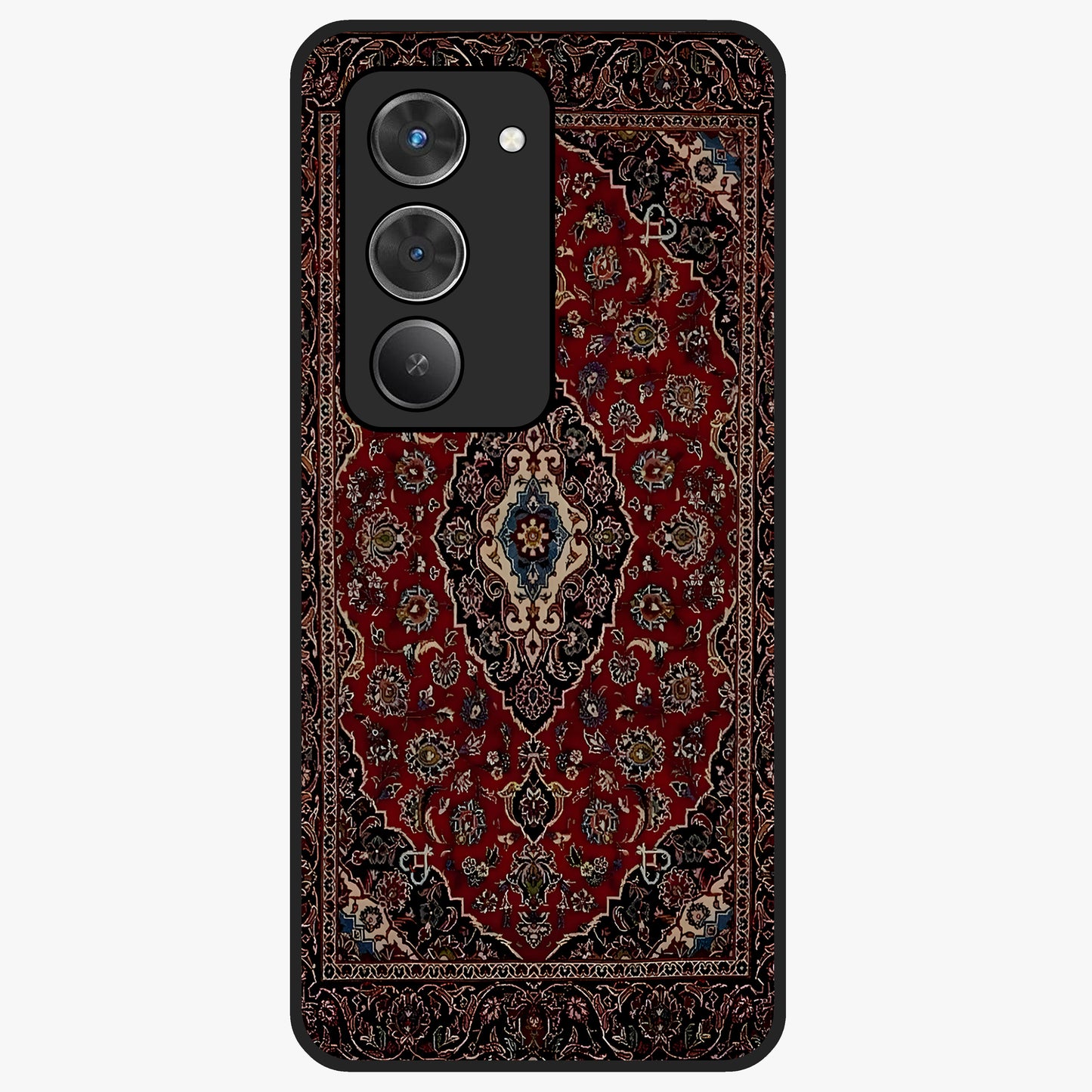Heritage Carpet Royale Glass Case showing flat back view with ornate Persian carpet inspired pattern and glossy glass finish.