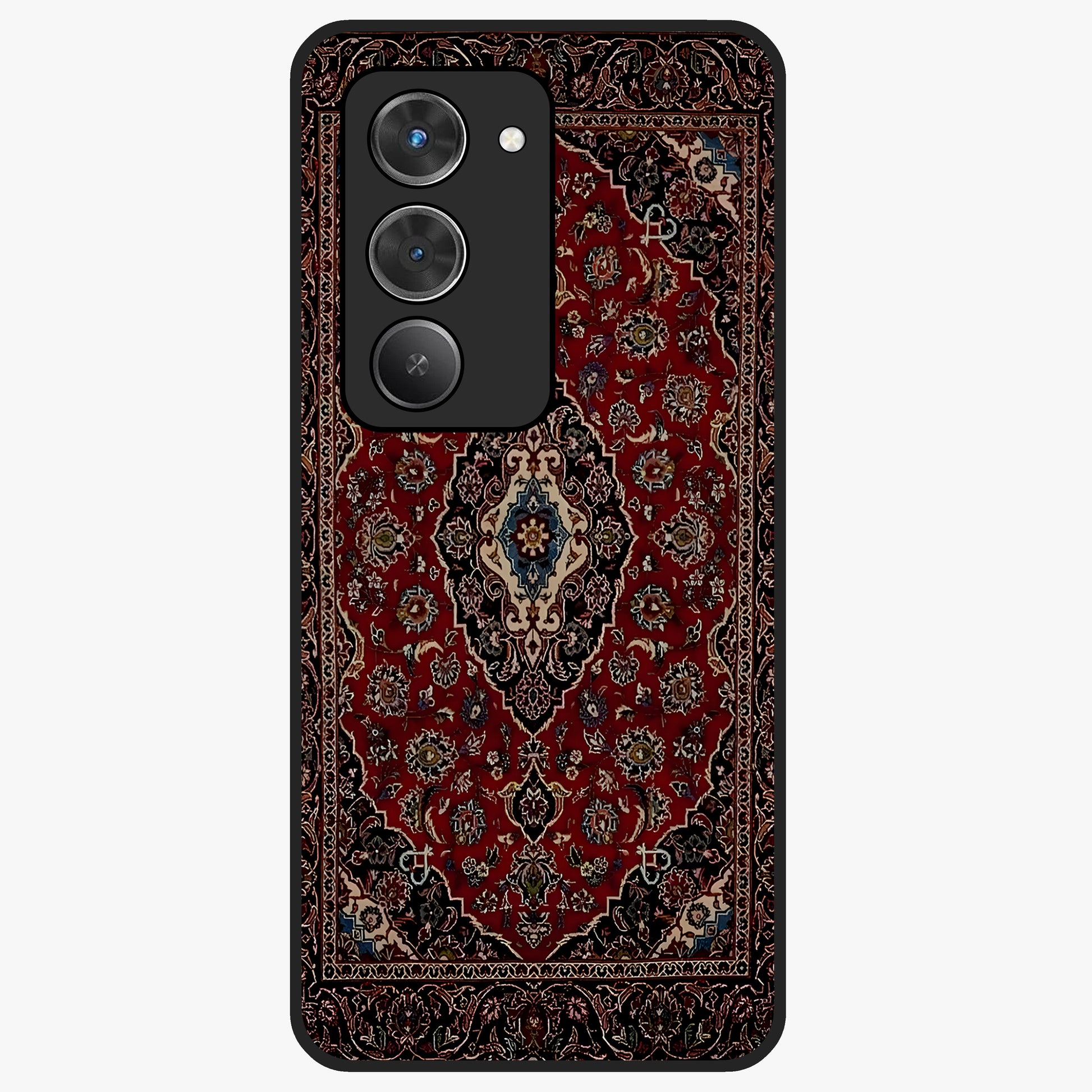 Heritage Carpet Royale Glass Case showing flat back view with ornate Persian carpet inspired pattern and glossy glass finish.