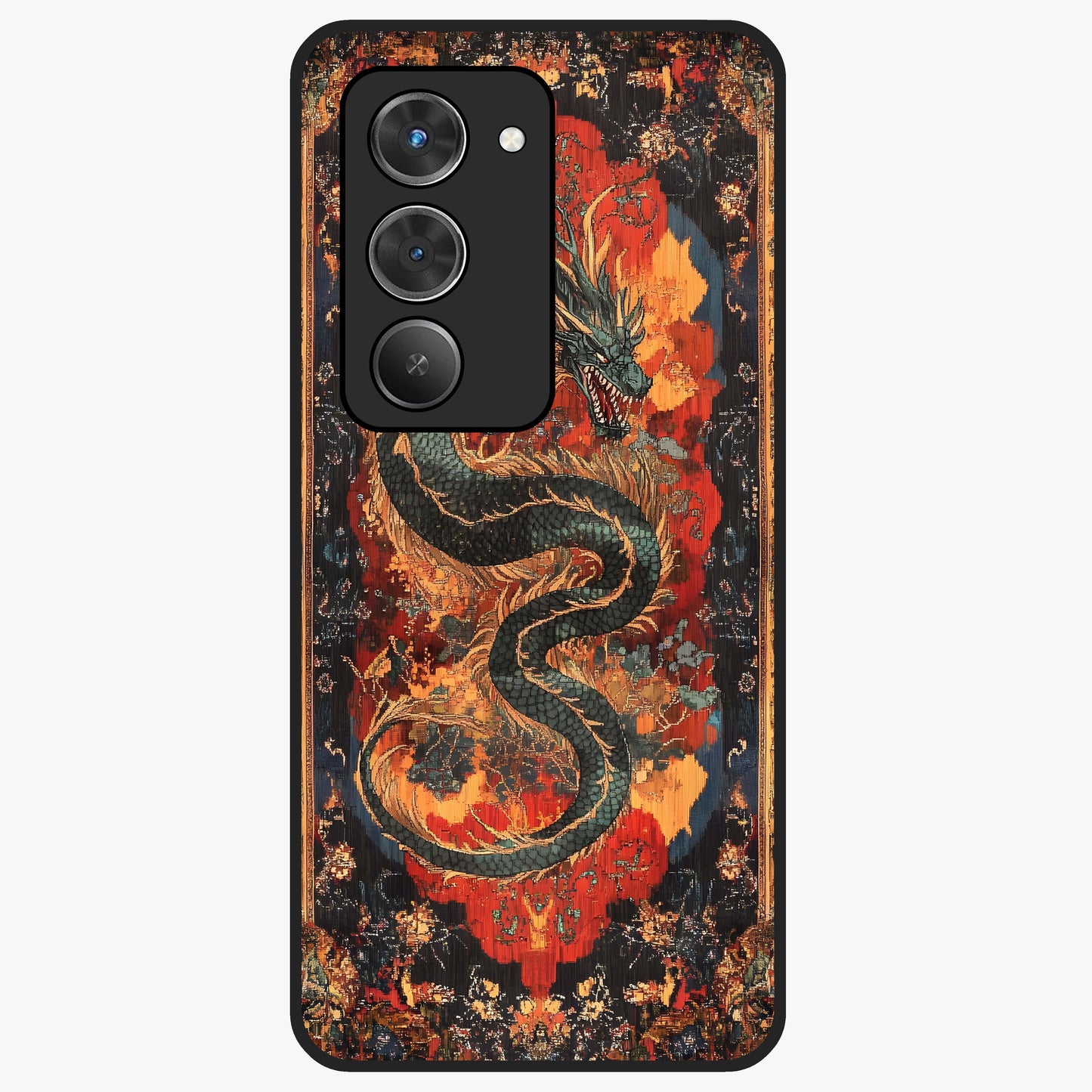 Inferno Dragon Soul Glass Case showing flat back view with fiery dragon artwork and glossy glass finish.