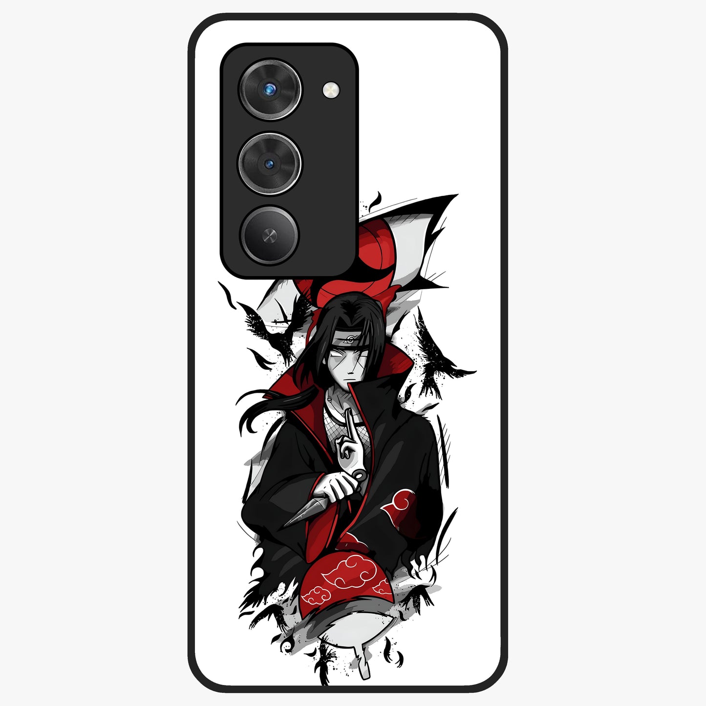 Itachi Sharingan Glass Case showing flat back view with powerful anime eye artwork and glossy glass finish.