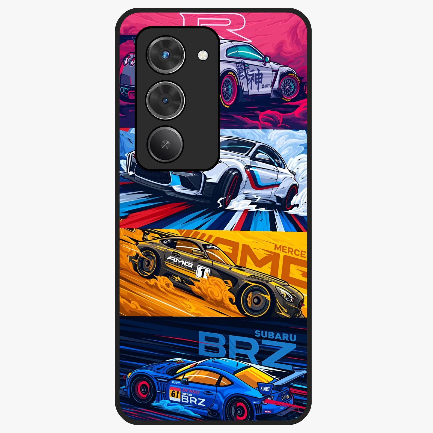 JDM Sports Car Glass Case showing flat back view with high performance sports car artwork and glossy glass finish.