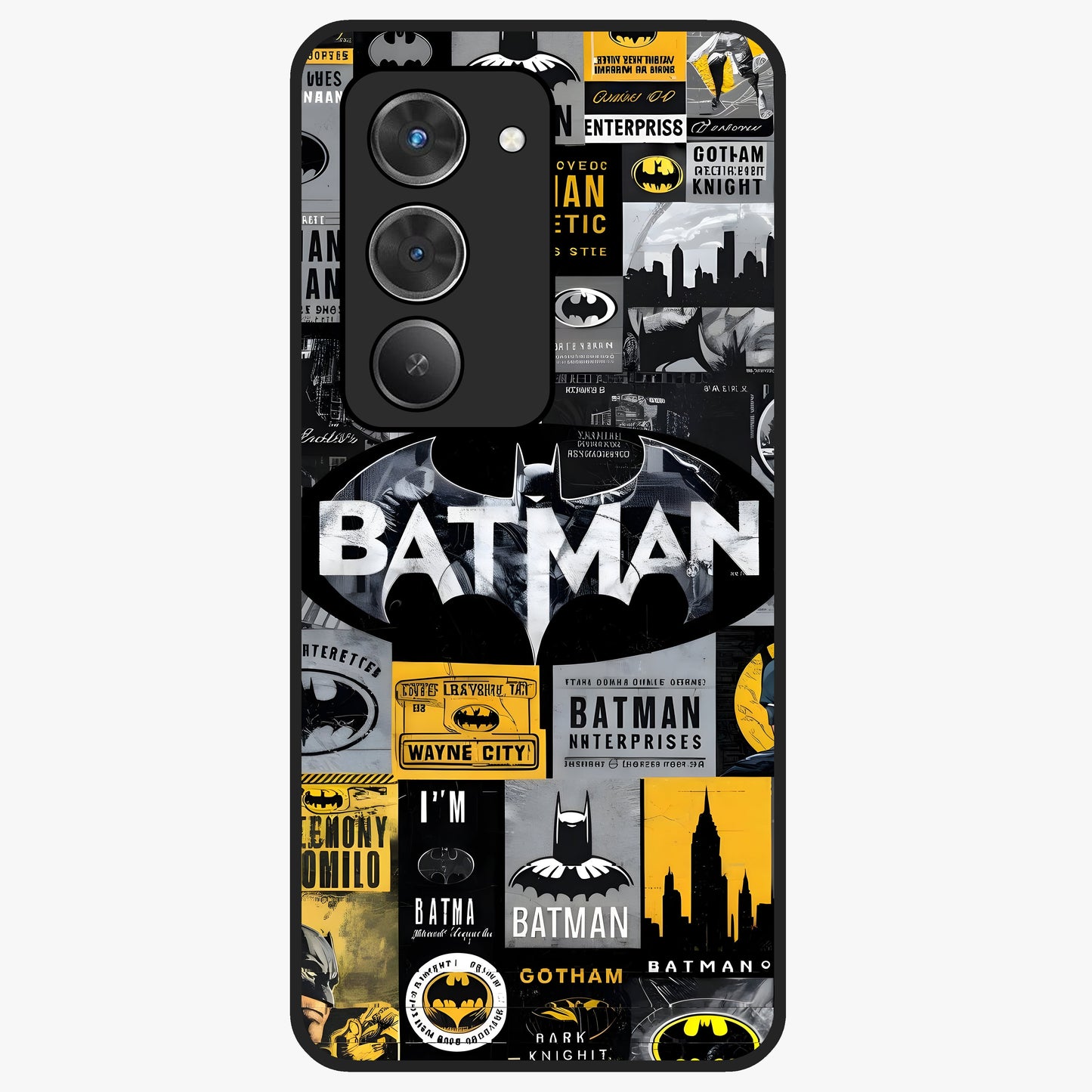 Knight Gotham Rise Glass Case showing flat back view with dark hero inspired artwork and glossy glass finish.