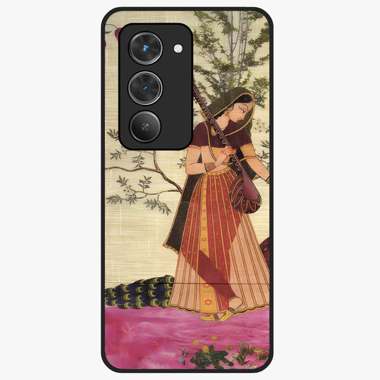 Lady With Veena Art Glass Case showing flat back view with elegant woman playing veena artwork and glossy glass finish.