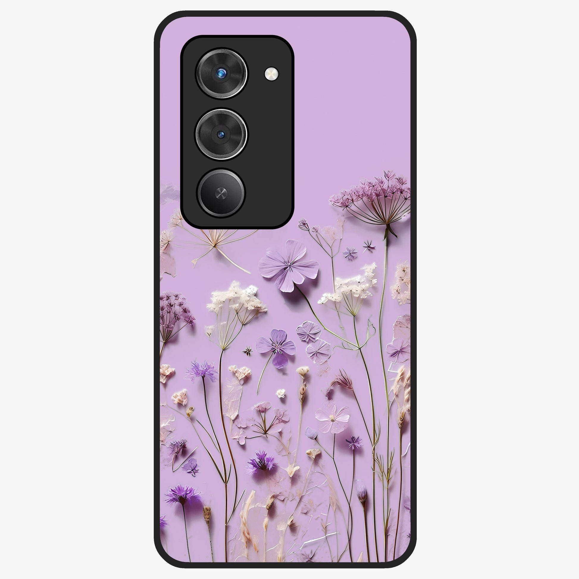 Lavender Blossom Dream Glass Case showing flat back view with soft lavender floral artwork and glossy glass finish.