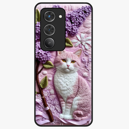 Lavender Cat Whimsy Glass Case showing flat back view with cute lavender cat artwork and glossy glass finish.