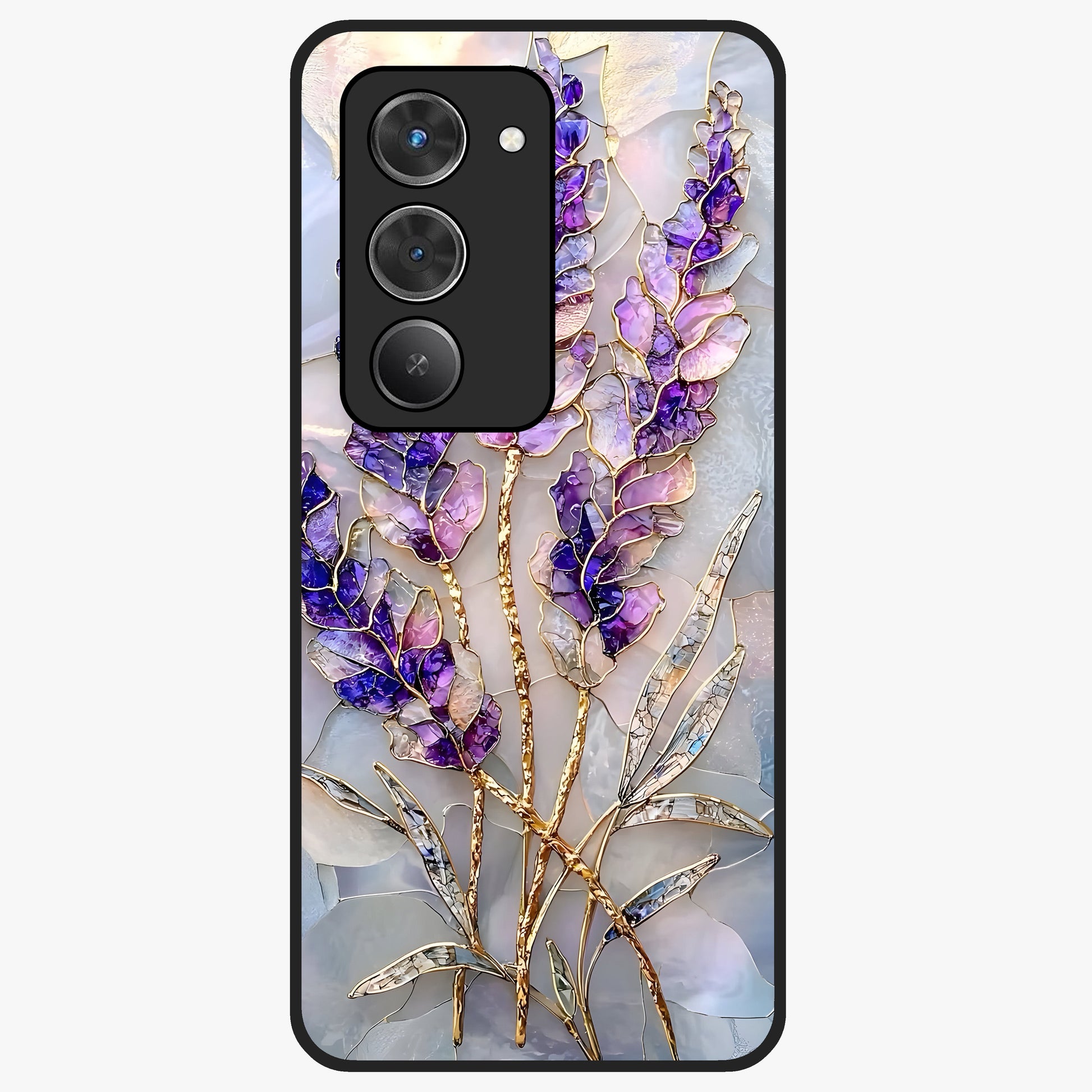 Lavender Dream Glow Glass Case showing flat back view with glowing lavender aesthetic artwork and glossy glass finish.