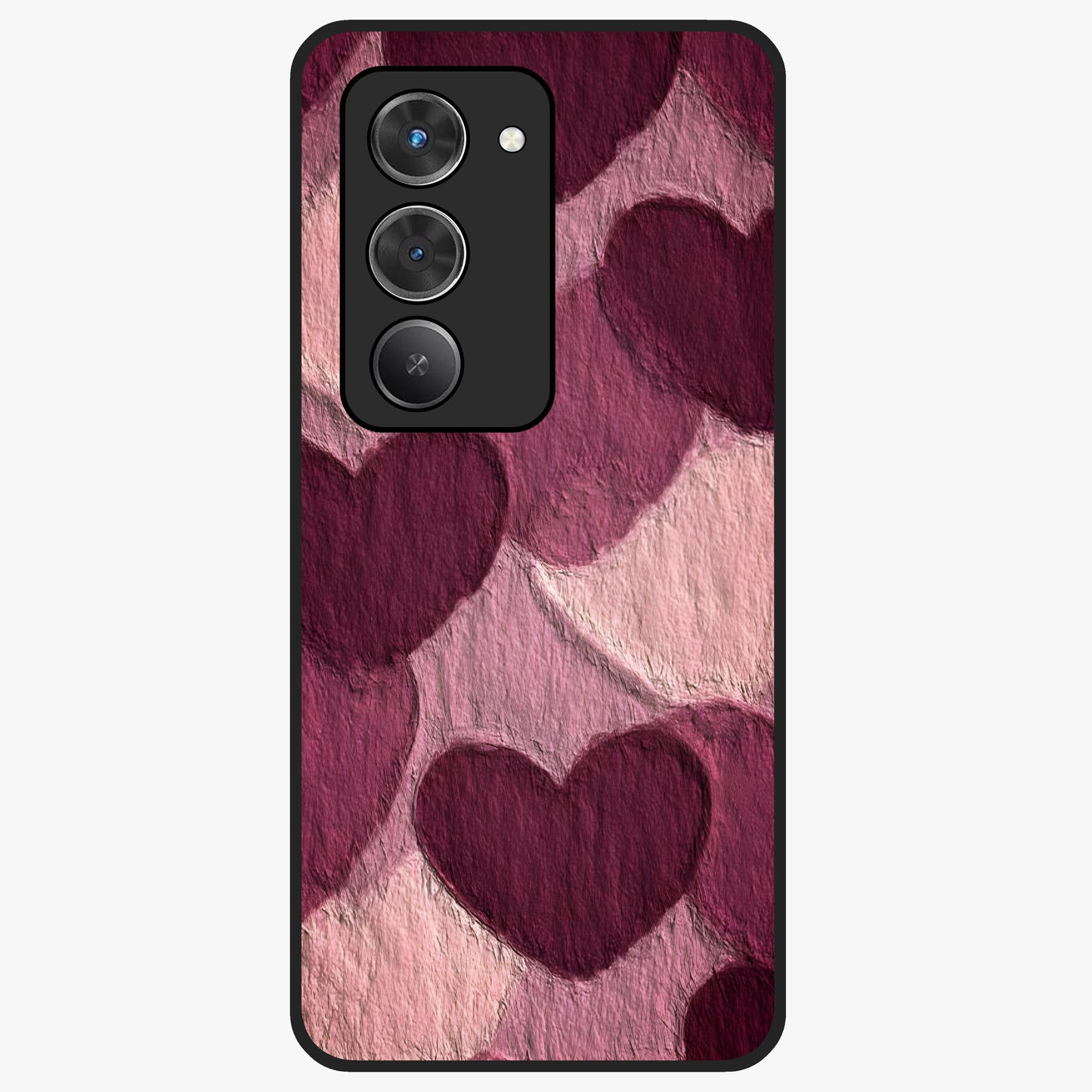 Layered Paper Hearts Glass Case showing flat back view with layered paper heart artwork and glossy glass finish.