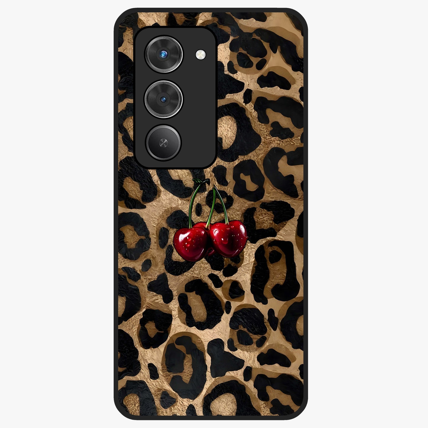 Leopard Wild Cherry Glass Case showing flat back view with leopard pattern and cherry artwork and glossy glass finish.