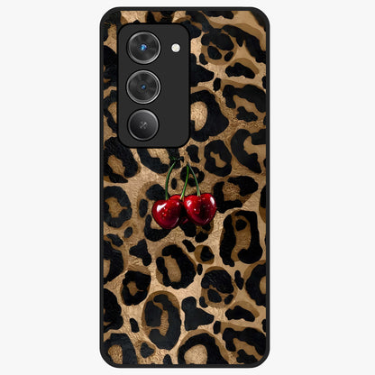 Leopard Wild Cherry Glass Case showing flat back view with leopard pattern and cherry artwork and glossy glass finish.