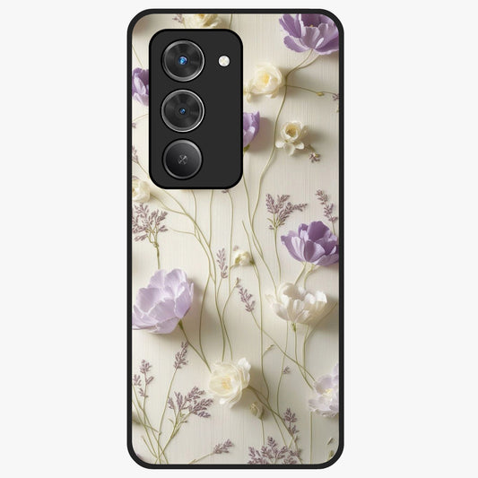 Lilac Breeze Harmony Glass Case showing flat back view with soft lilac themed artwork and glossy glass finish.