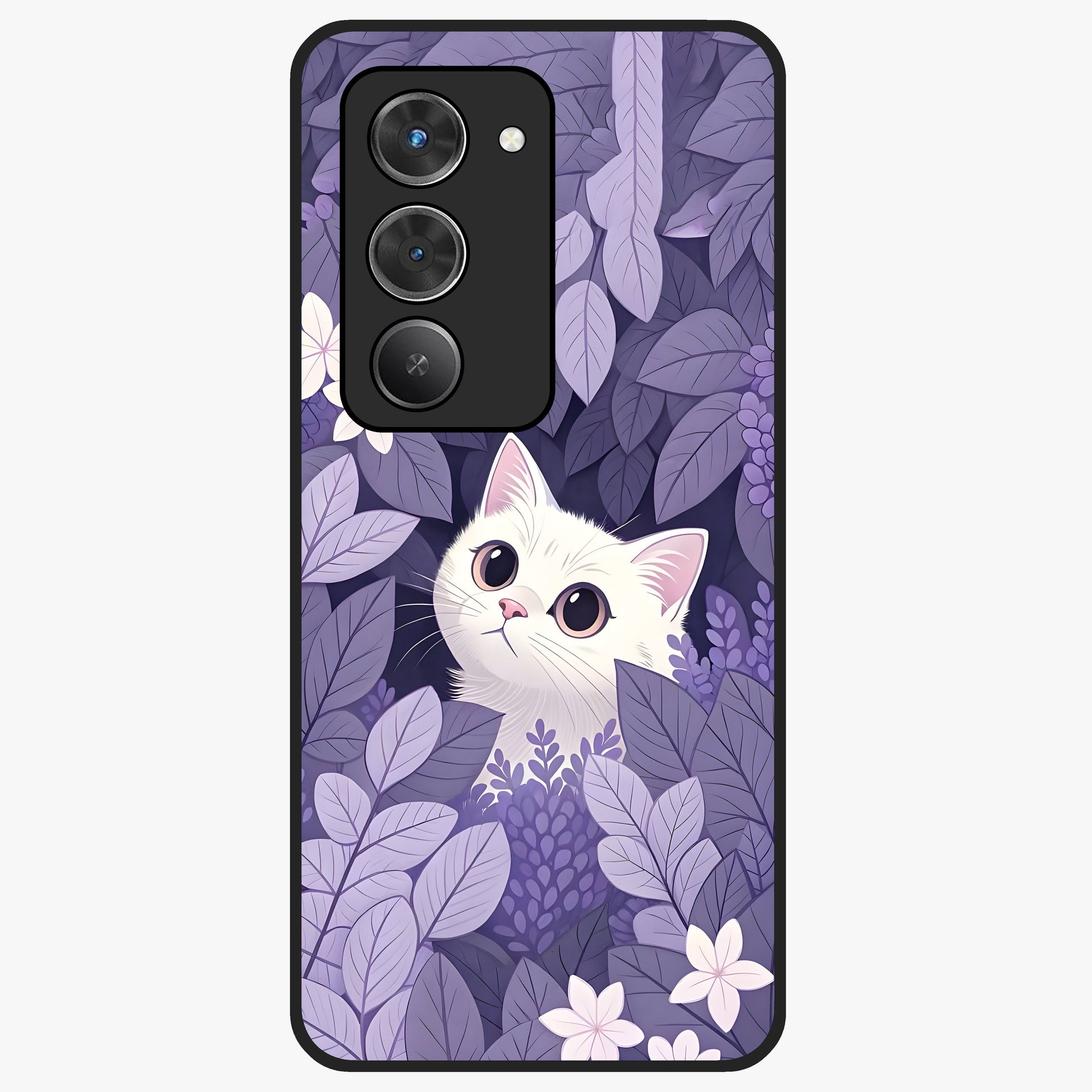 Lilac Hide Peek Cat Glass Case showing flat back view with cute peeking cat artwork and glossy glass finish.