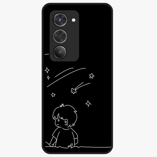 Line Art Boy With Shooting Stars Glass Case showing flat back view with minimal line art boy and shooting stars illustration and glossy glass finish.