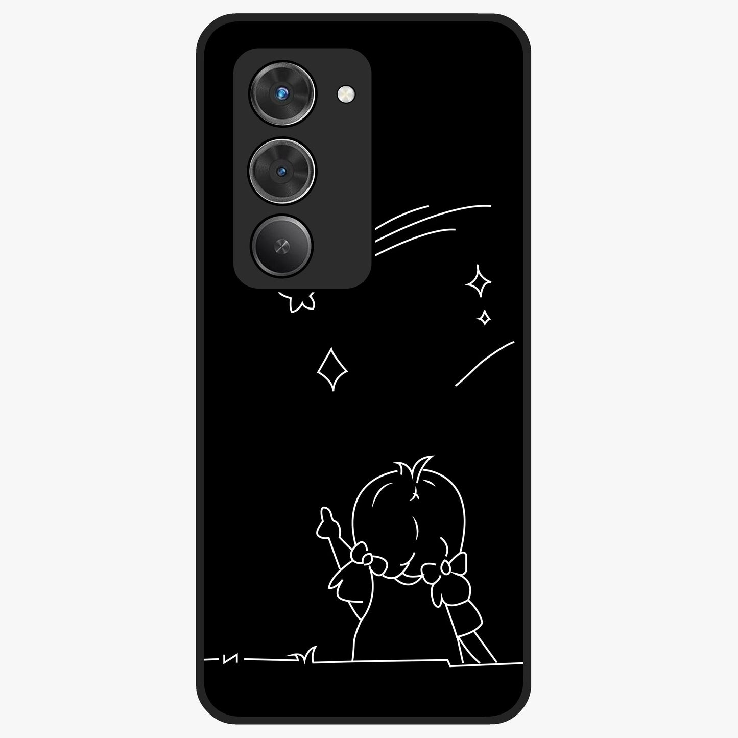 Line Art Girl With Shooting Stars Glass Case showing flat back view with minimal line art girl and shooting stars illustration and glossy glass finish.
