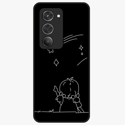 Line Art Girl With Shooting Stars Glass Case showing flat back view with minimal line art girl and shooting stars illustration and glossy glass finish.