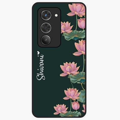 Lotus Bloom Serenity Custom Name Glass Case showing flat back view with elegant lotus flower artwork and personalized name design.
