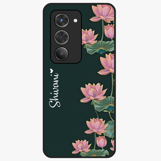 Lotus Bloom Serenity Custom Name Glass Case showing flat back view with elegant lotus flower artwork and personalized name design.
