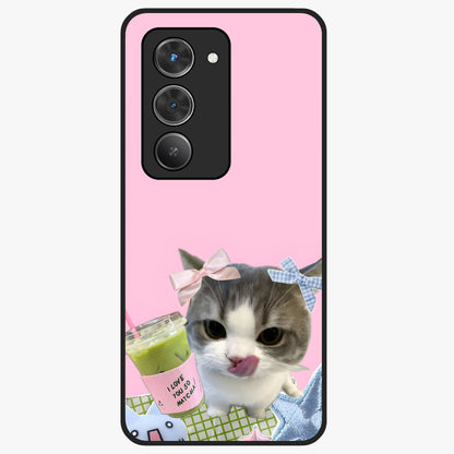 Love Matcha Cat Glass Case showing flat back view with cute cat and matcha themed artwork and glossy glass finish.