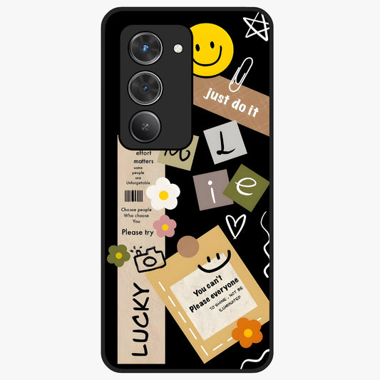 Lucky Aesthetic Collage Glass Case showing flat back view with trendy aesthetic collage artwork and glossy glass finish.