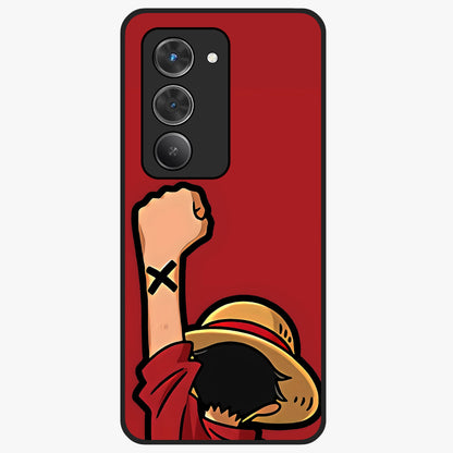 Luffy X Spirit Glass Case showing flat back view with bold anime character artwork and glossy glass finish.