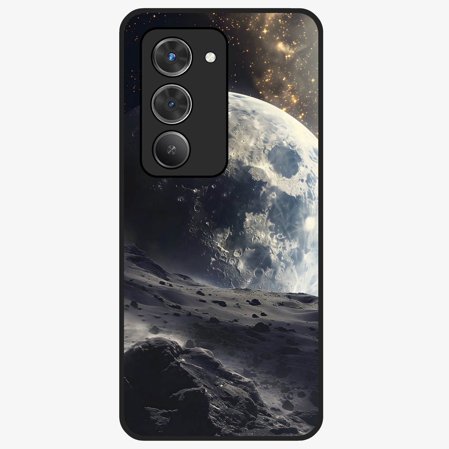 Lunar Horizon Glow Glass Case showing flat back view with glowing moon horizon artwork and glossy glass finish.