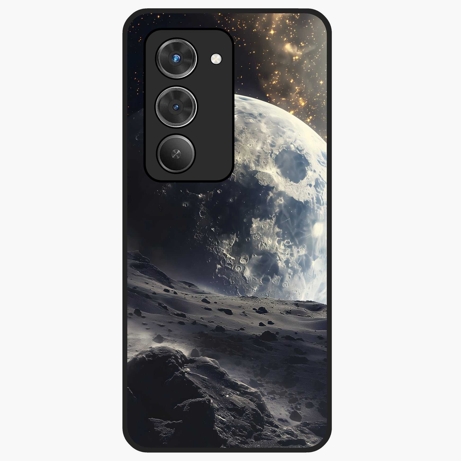 Lunar Horizon Glow Glass Case showing flat back view with glowing moon horizon artwork and glossy glass finish.