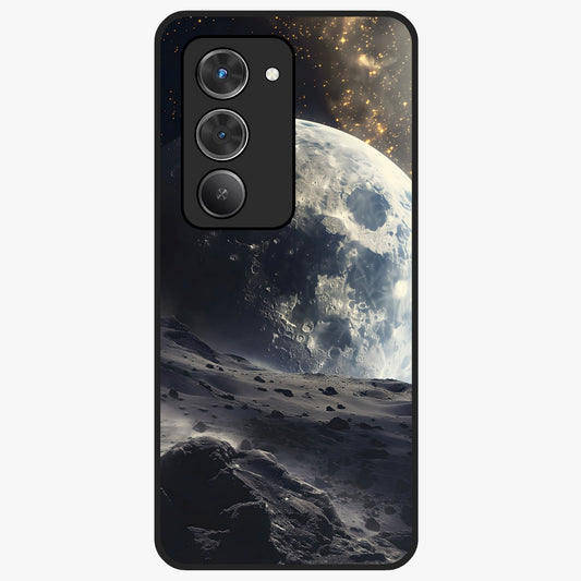 Lunar Horizon Glow Glass Case showing flat back view with glowing moon horizon artwork and glossy glass finish.