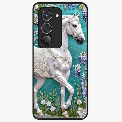 Majestic Floral Stallion Glass Case showing flat back view with powerful horse and floral artwork and glossy glass finish.