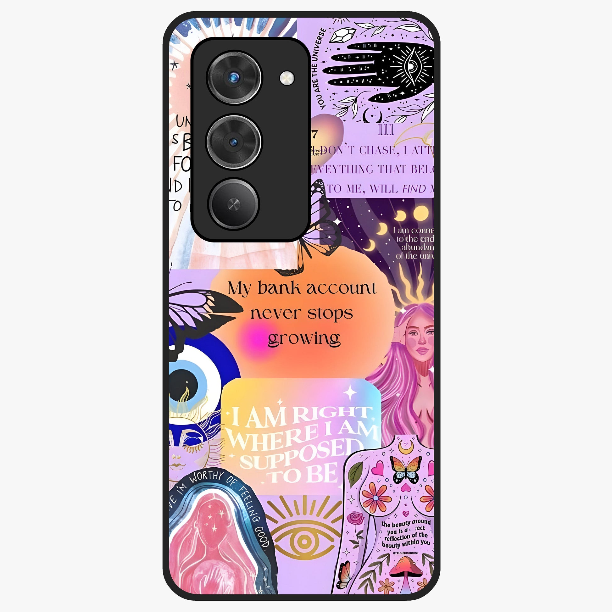 Manifestation Collage Glass Case showing flat back view with motivational collage artwork and glossy glass finish.