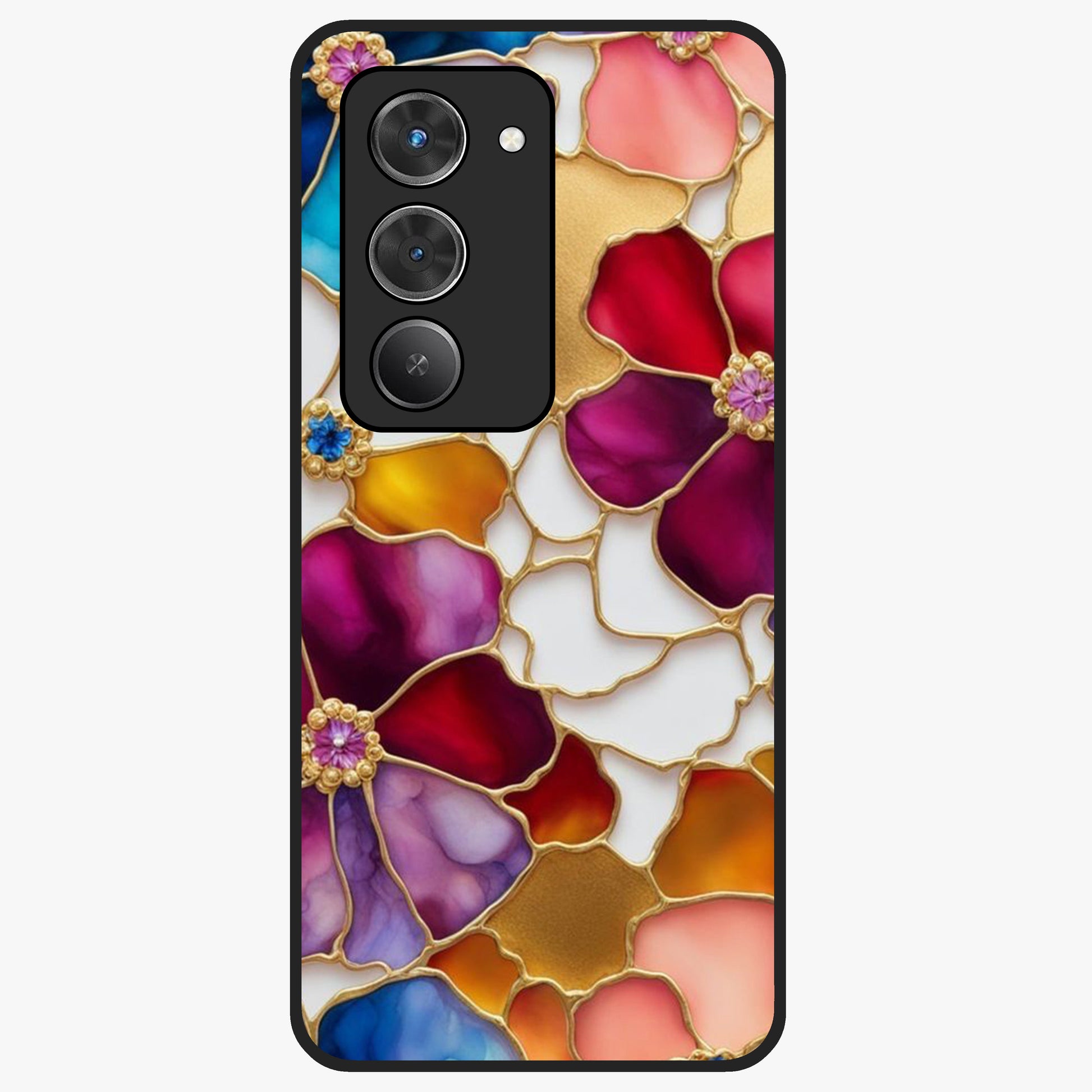 Marble Flower Pattern Glass Case showing flat back view with marble texture floral artwork and glossy glass finish.