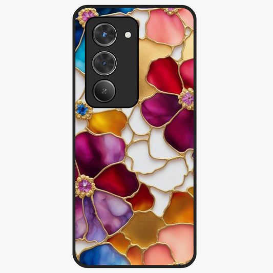 Marble Flower Pattern Glass Case showing flat back view with marble texture floral artwork and glossy glass finish.