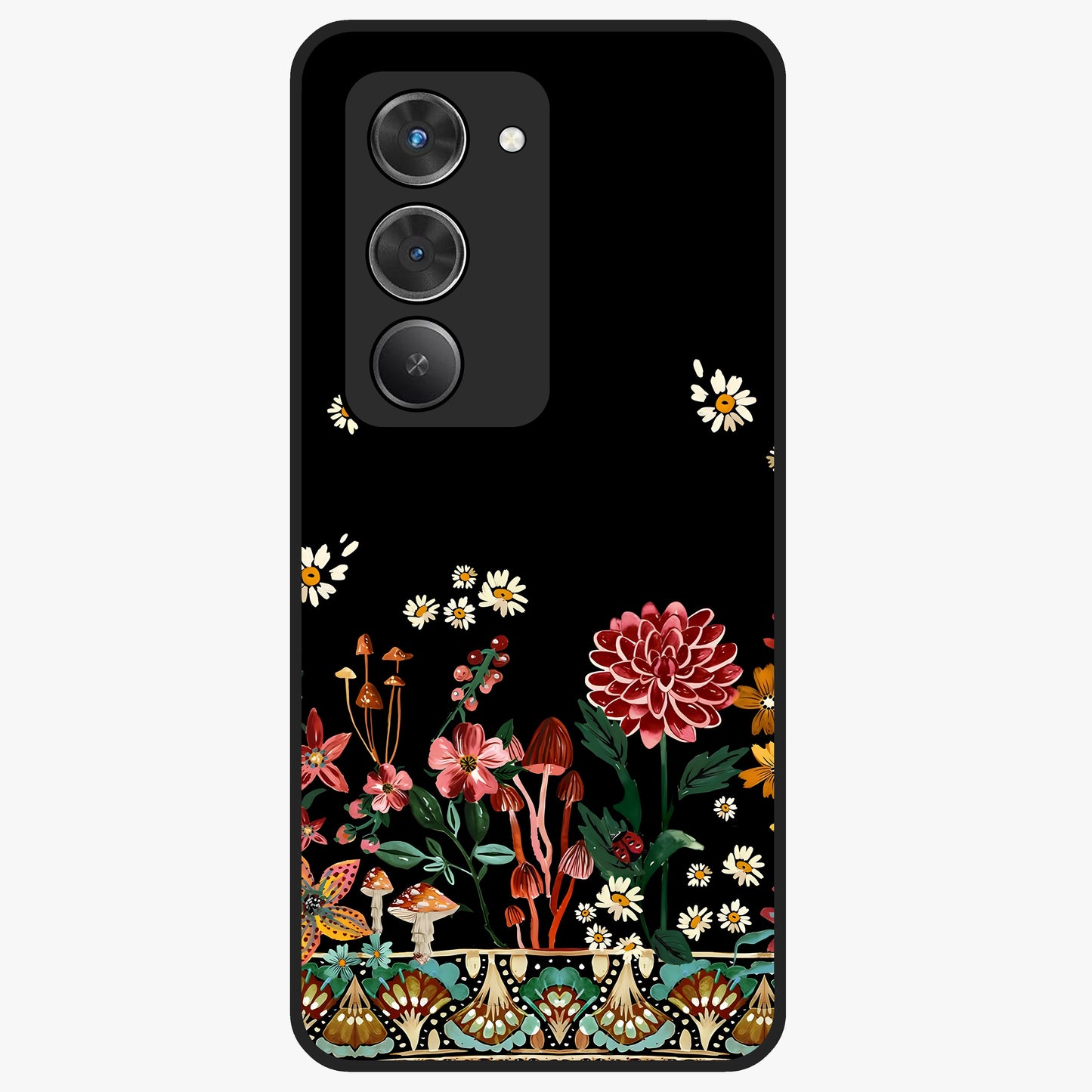 Midnight Bloom Pattern Glass Case showing flat back view with dark floral pattern artwork and glossy glass finish.