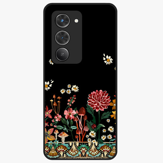 Midnight Bloom Pattern Glass Case showing flat back view with dark floral pattern artwork and glossy glass finish.