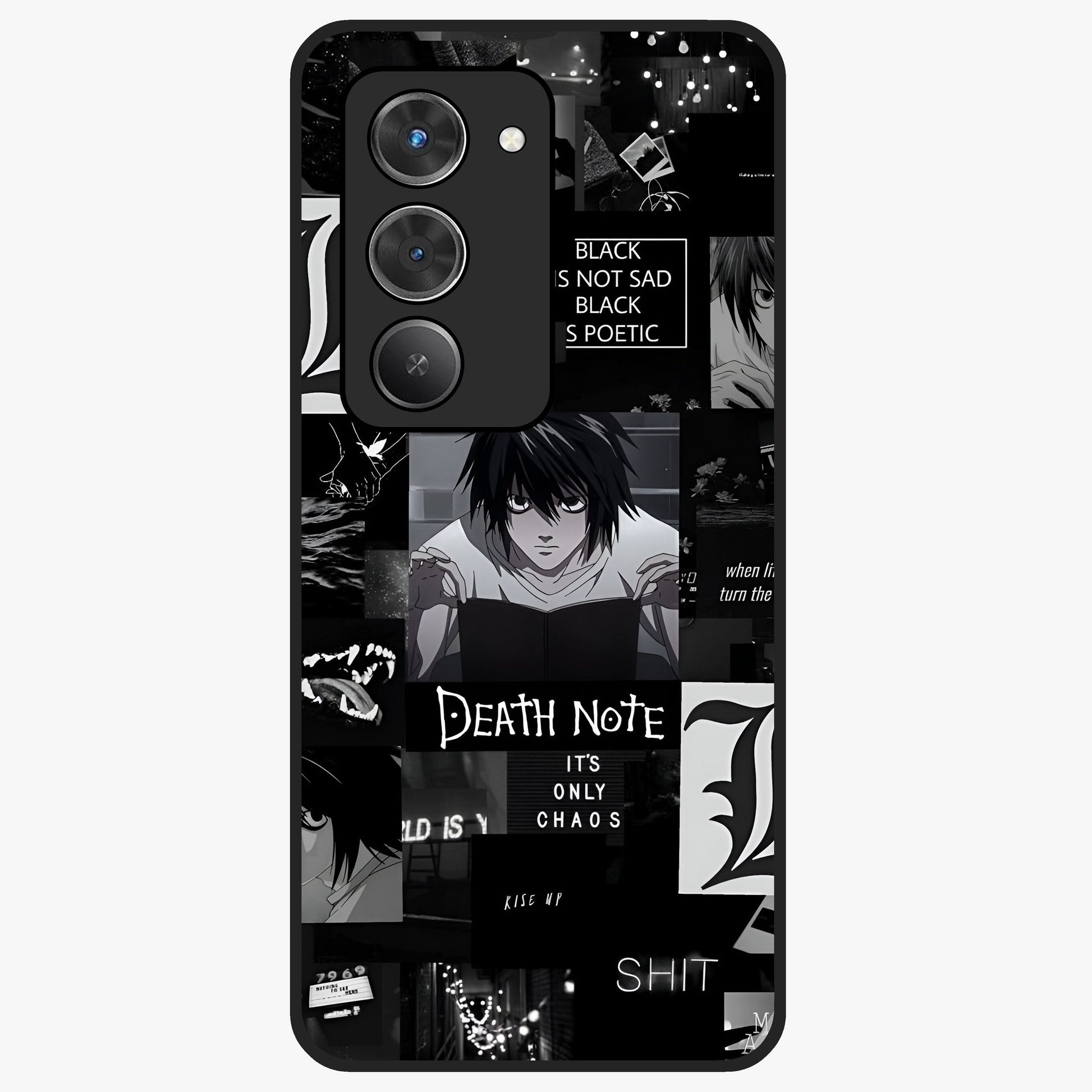 Midnight Chaos Mind Glass Case showing flat back view with abstract dark themed artwork and glossy glass finish.