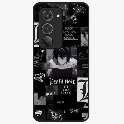 Midnight Chaos Mind Glass Case showing flat back view with abstract dark themed artwork and glossy glass finish.