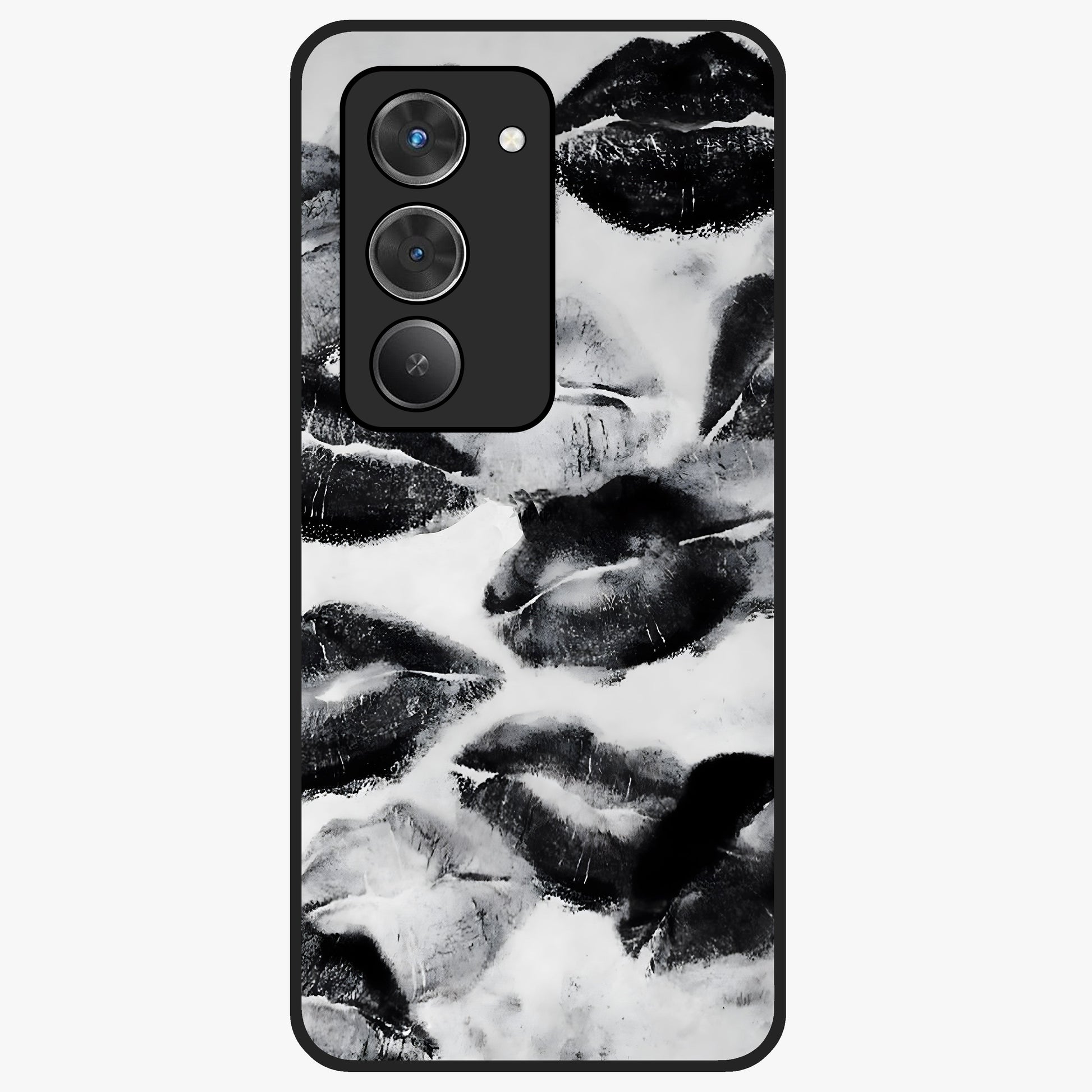 Midnight Kiss Marks Glass Case showing flat back view with lipstick kiss mark artwork and glossy glass finish.