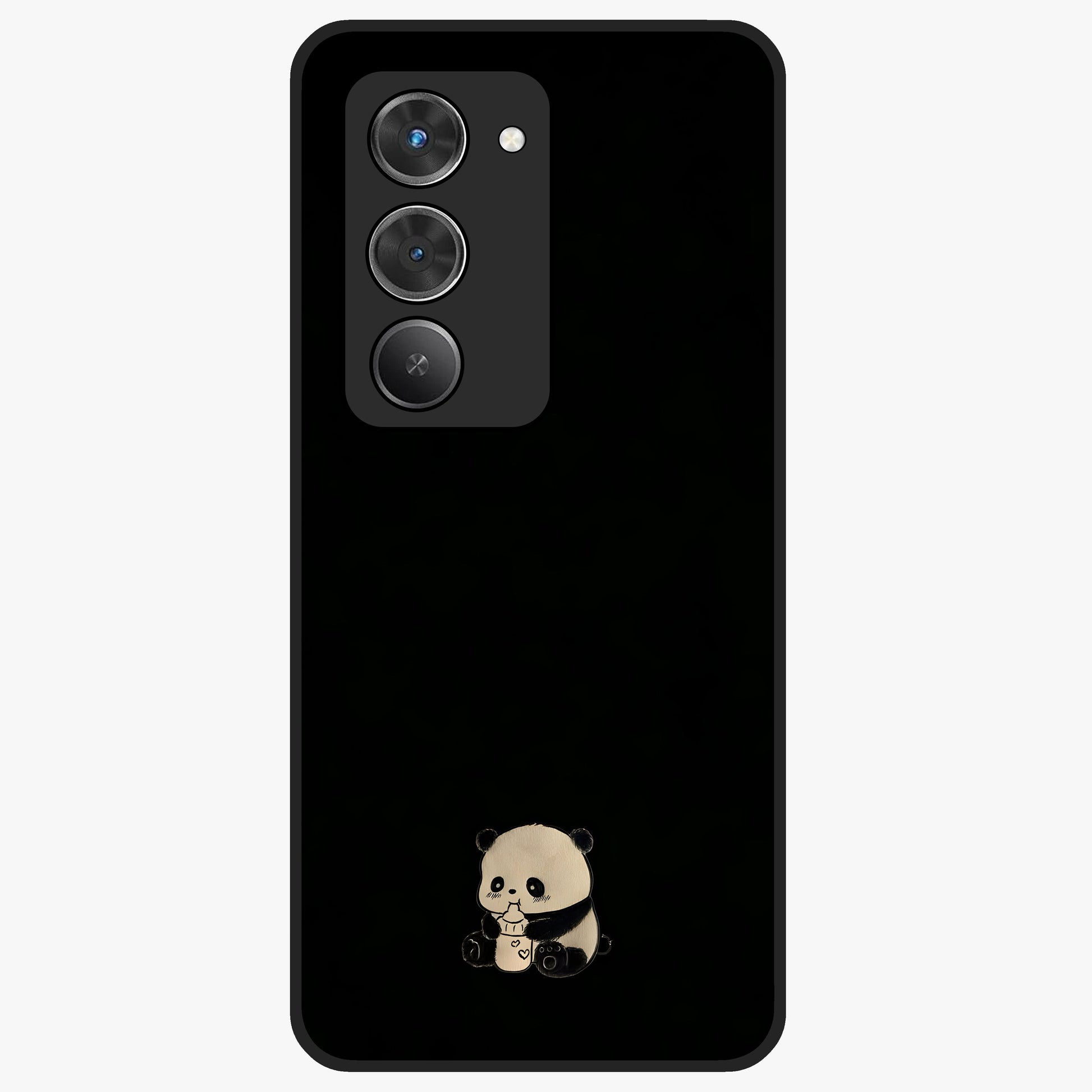 Midnight Panda Love Glass Case showing flat back view with cute panda themed artwork and glossy glass finish.