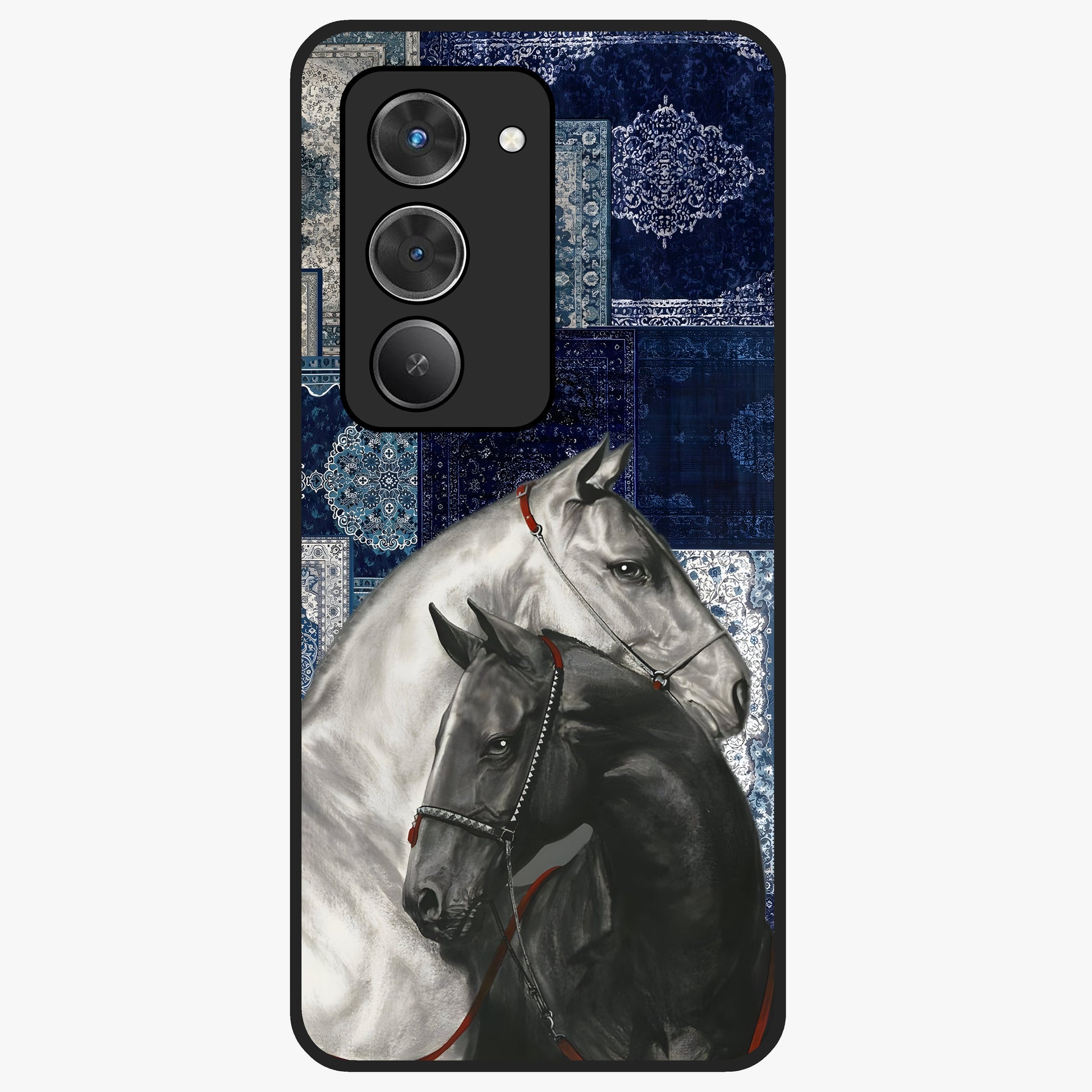Midnight Stallion Blues Glass Case showing flat back view with majestic horse artwork and glossy glass finish.