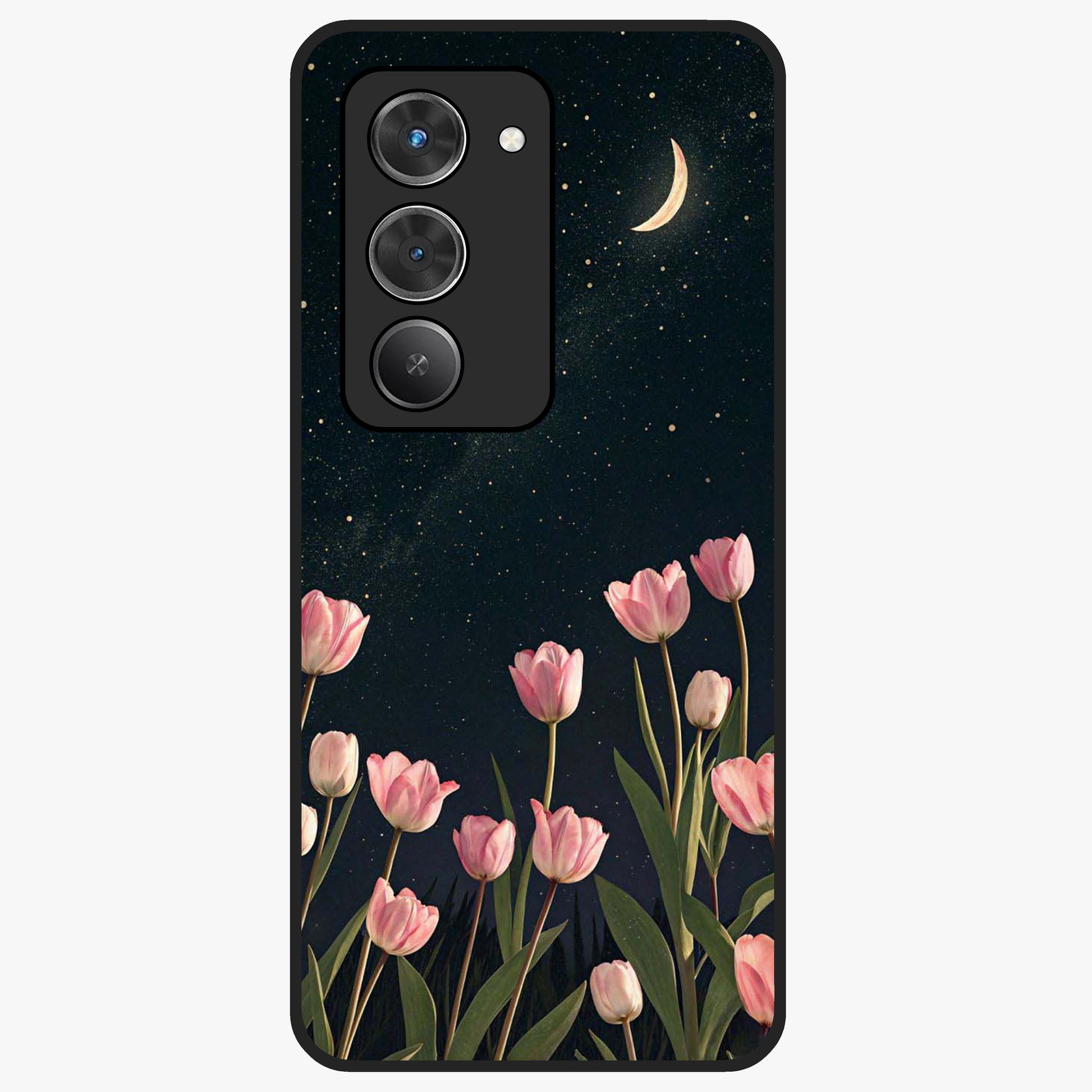 Midnight Tulip Whispers Vibe Glass Case showing flat back view with elegant tulip flower artwork and glossy glass finish.