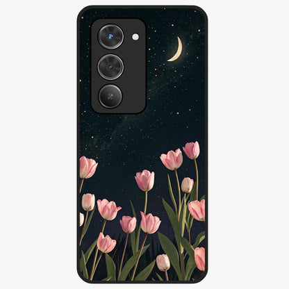 Midnight Tulip Whispers Vibe Glass Case showing flat back view with elegant tulip flower artwork and glossy glass finish.