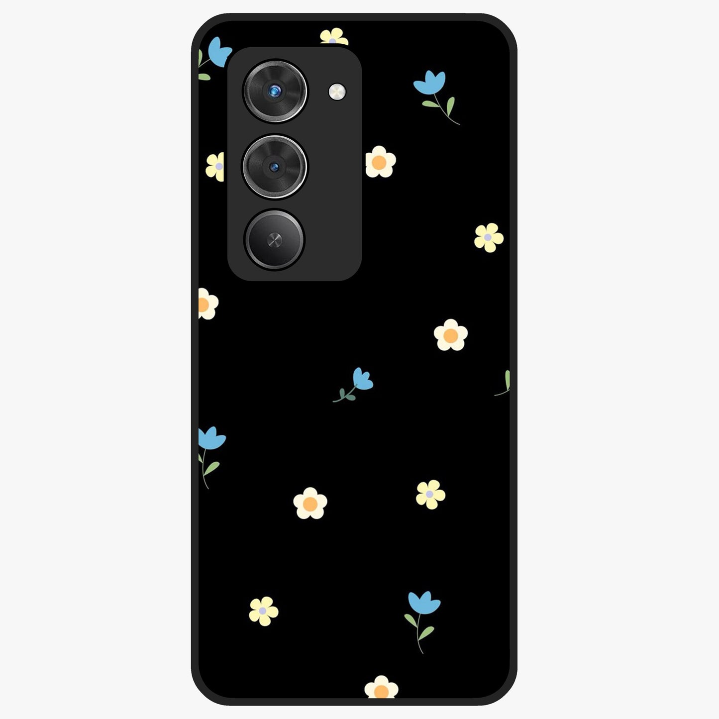 Minimalistic Blue With White Flower Pattern Glass Case showing flat back view with blue background and white flower pattern and glossy glass finish.