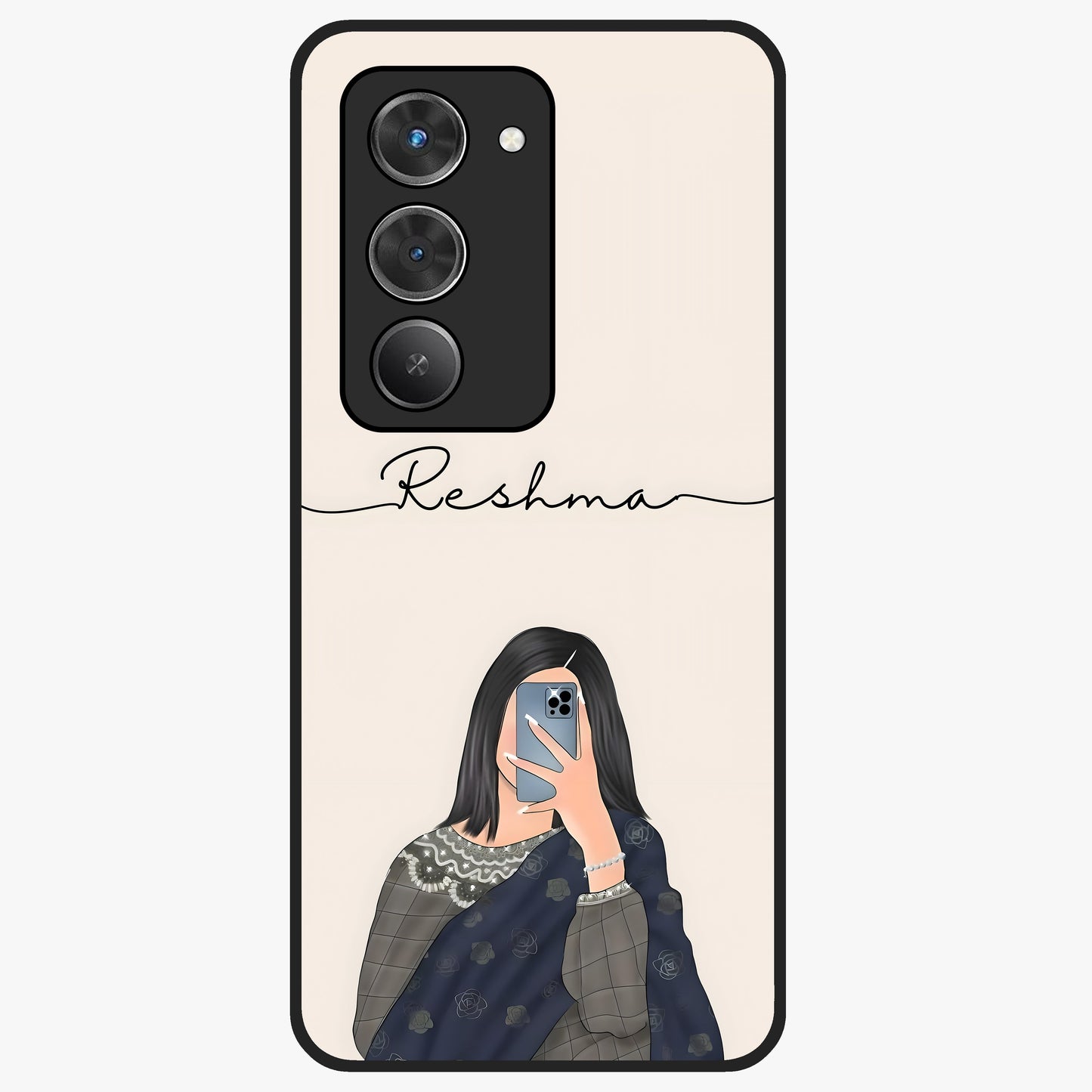 Mirror Mood Muse With Custom Name Glass Case showing flat back view with stylish mirrored artwork and personalized name design.