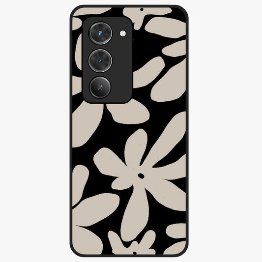 Monochrome Petal Dance Glass Case showing flat back view with monochrome floral artwork and glossy glass finish.