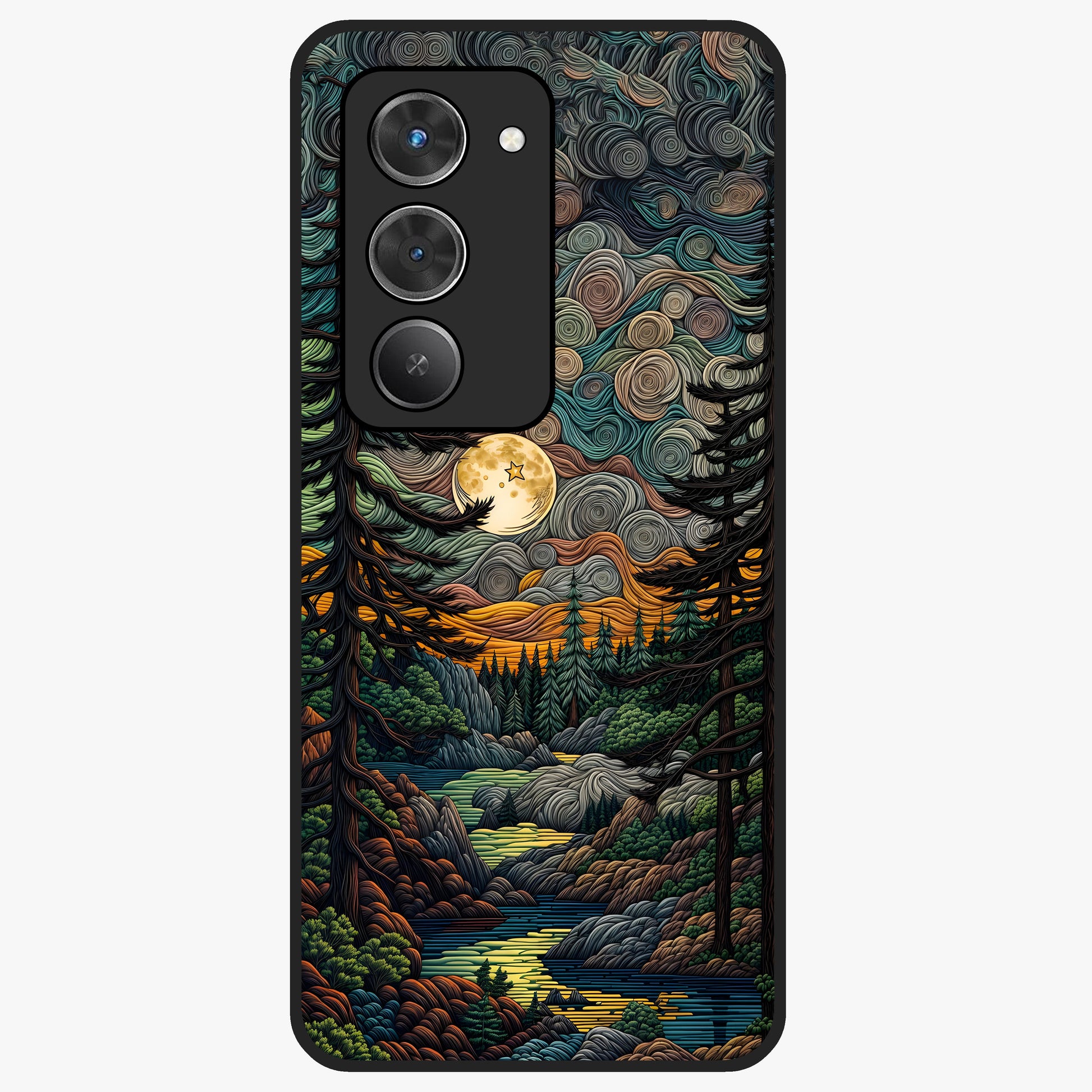 Moonlight Forest Dream Glass Case showing flat back view with mystical forest moonlight artwork and glossy glass finish.