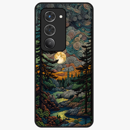 Moonlight Forest Dream Glass Case showing flat back view with mystical forest moonlight artwork and glossy glass finish.