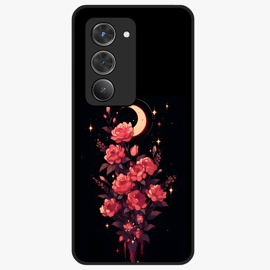 Moonlit Floral Elegance Glass Case showing flat back view with elegant floral artwork under moonlit tones and glossy glass finish.